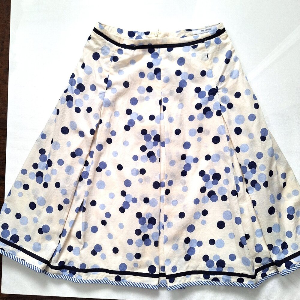 Zara White and Blue Cotton Polka Dot Skirt